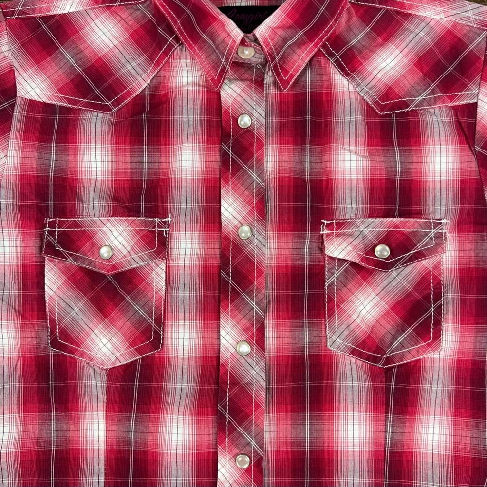 Cowgirl Legend Girls XL Western Pearl Snap Plaid Shirt Red Rodeo Cowgirl